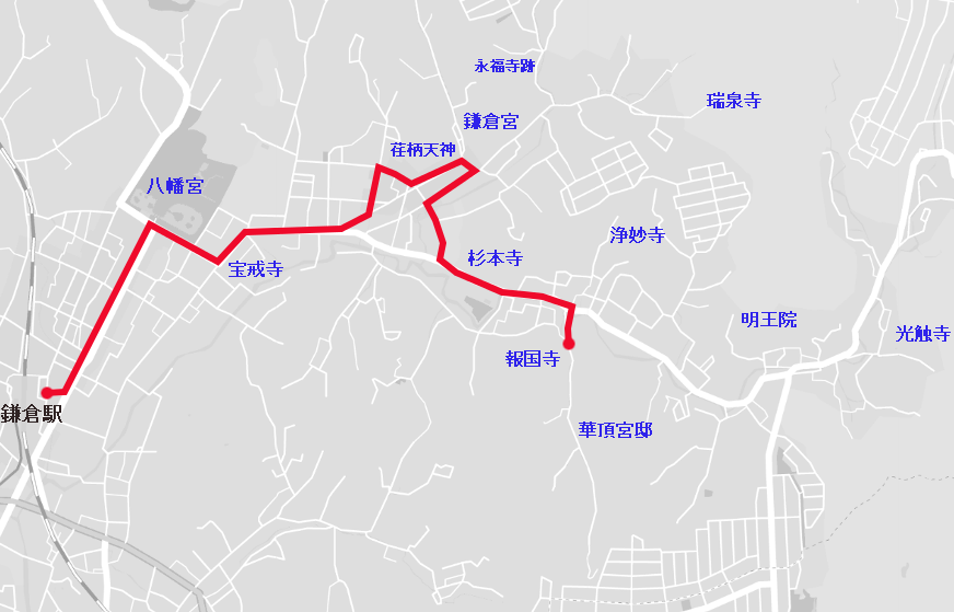 鎌倉駅から八幡宮、報国寺方面へのルートマップ