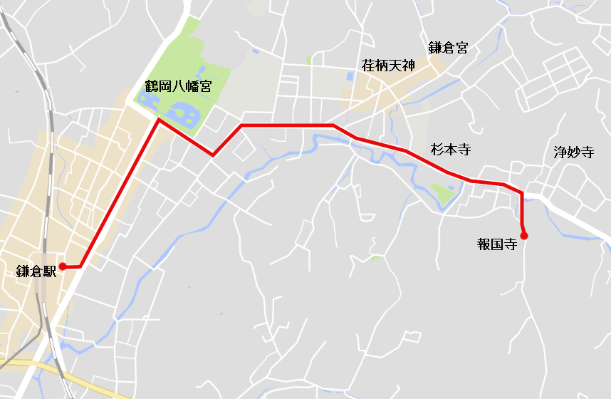 鎌倉駅から報国寺へのルートマップ