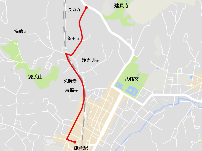 北鎌倉→亀ケ谷切通し→鎌倉駅ルート図