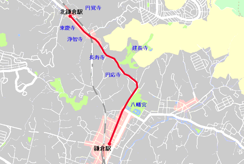 北鎌倉駅から鎌倉駅への平坦なルートマップ
