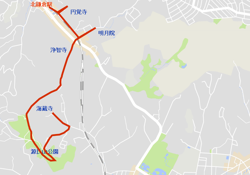北鎌倉→源氏山→海蔵寺のルートマップ