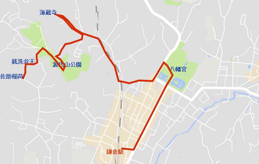 鎌倉駅→八幡宮→海蔵寺→源氏山のルートマップ